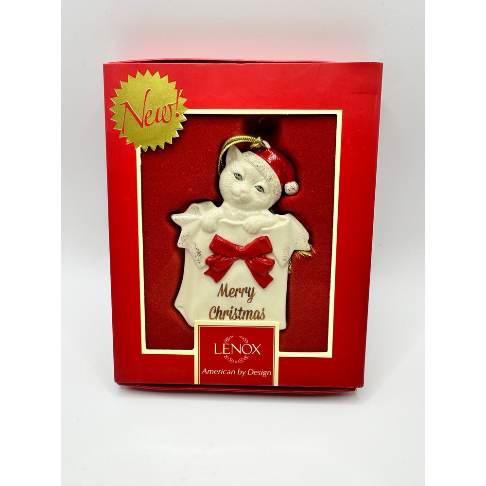 Lenox Kitty Christmas Ornament White Porcelain Cat Santa Hat Red Bow 838317 NEW